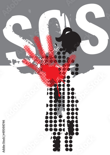 SOS call for help, woman, victim of violence and war.
Grunge stylized  silhuette of scared, depressed woman with hand in defensive position. Vector available.