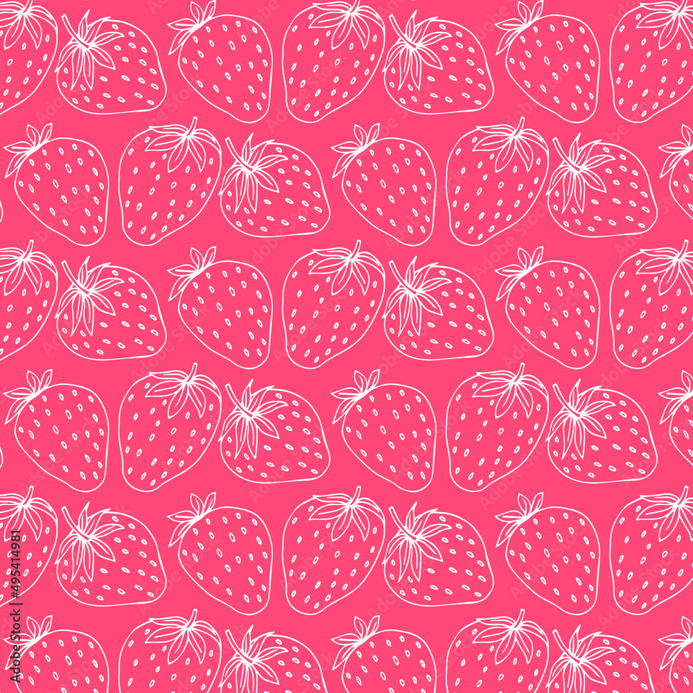 Line drawn doodle strawberries on bright pink background. Seamless summer cute pattern. Good for packaging. Line drawn doodle strawberries on bright pink background. Seamless summer cute pattern. Good for packaging.