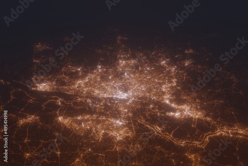 Aerial shot of Hamburg (Germany) at night, view from south. Imitation of satellite view on modern city with street lights and glow effect. 3d render