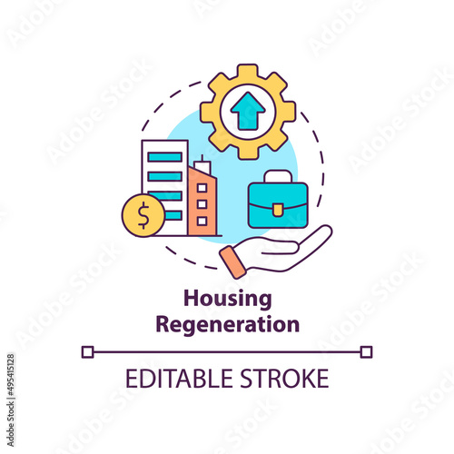 Housing regeneration concept icon. Better living environment. Social planning example abstract idea thin line illustration. Isolated outline drawing. Editable stroke. Arial, Myriad Pro-Bold fonts used