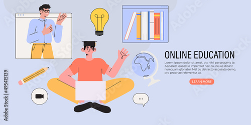 Student learning online at home. Character sitting and looking at laptop. Studying character with exercise books and tutor or professor talking through conference or video call. Online education.