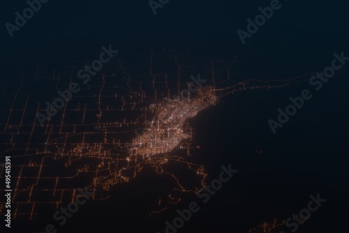 Aerial shot of Thunder Bay (Canada) at night, view from south. Imitation of satellite view on modern city with street lights and glow effect. 3d render