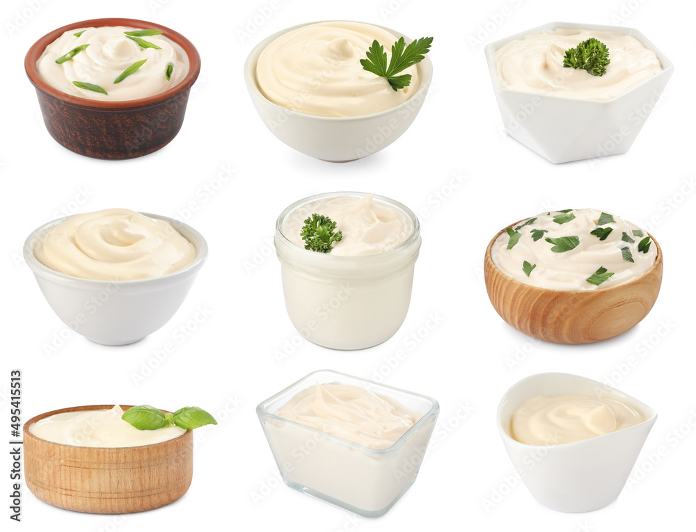 Set with tasty mayonnaise on white background Set with tasty mayonnaise on white background