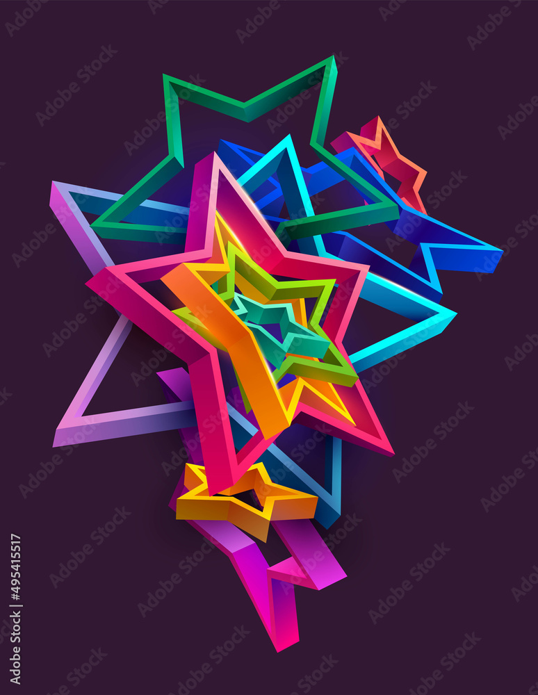 3D colorful stars on white background. Art geometric shapes. 3D colorful stars on white background. Art geometric shapes.
