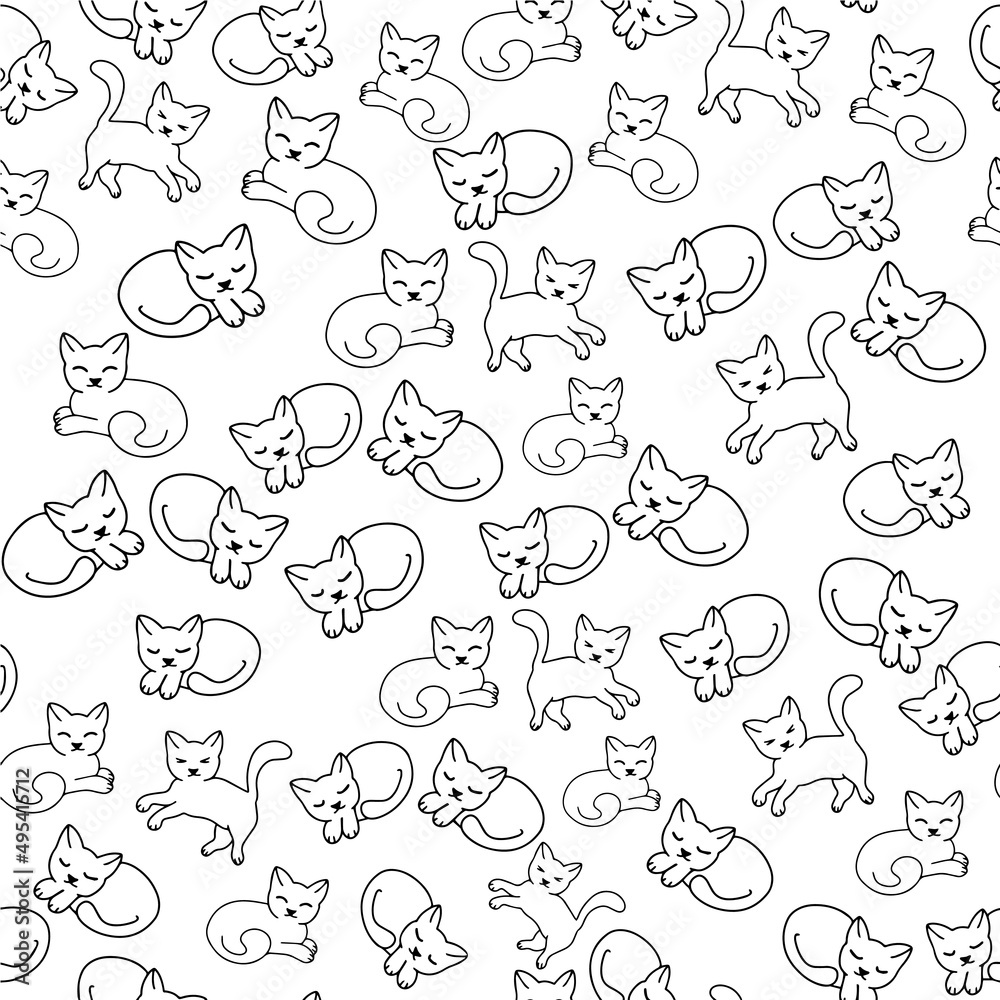 Tile seamless pattern hand-drawn by kittens black line on white background. doodle vector.