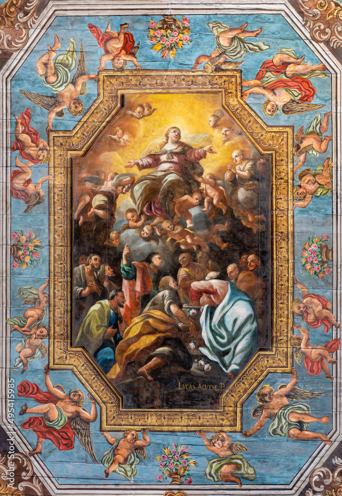 POLIGNANO A MARE, ITALY - MARCH 4, 2022: The painting of Assumption on the ceiling of Cathedral Matrice by Lucas Alvese from begin of 17. cent.