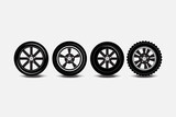 Car wheels, sedan wheels, off-road wheels, wheel sets. realistic design Black and white vector illustration on a white background. Automotive concept.