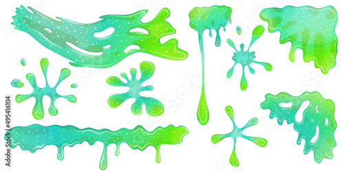 Dripping green goo slimes isolated in set. Slimes are corner and splash, flow of muscus. Green colorful jelly for playing. Cartoon vector illustration