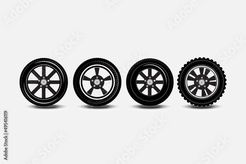 Car wheels, sedan wheels, off-road wheels, wheel sets. realistic design Black and white vector illustration on a white background. Automotive concept.