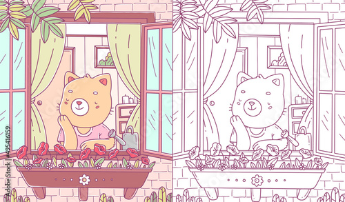 Children's cartoon coloring book with a happy kitten looking out of the window. Coloring page. Vector illustration.