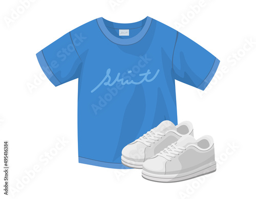 青いTシャツと白いスニーカーのイラスト. ファッション, 衣類, スポーツウェア. 白背景にベクター素材.