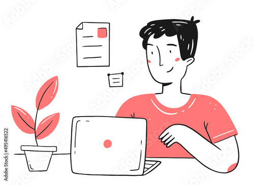 A young happy freelancer guy works on a laptop from home in a linear doodle style. Home office concept. Vector isolated illustration.