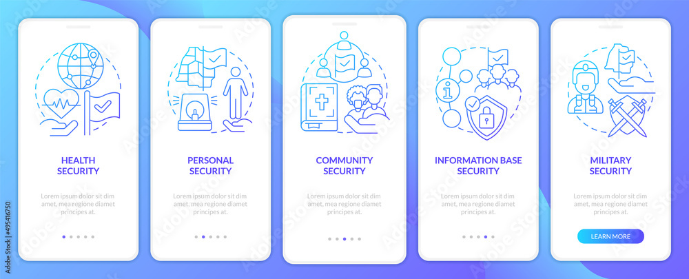 Naklejka premium Elements of national security blue gradient onboarding mobile app screen. Walkthrough 5 steps graphic instructions pages with linear concepts. UI, UX, GUI template. Myriad Pro-Bold, Regular fonts used