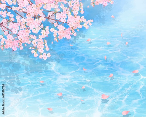 透き通った水面に美しく華やかな桜の花と花びら舞い散る春-背景ベクター素材イラスト