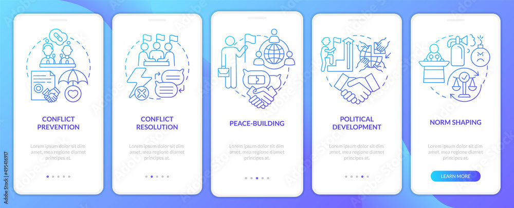 Community security blue gradient onboarding mobile app screen. Protection walkthrough 5 steps graphic instructions pages with linear concepts. UI, UX, GUI template. Myriad Pro-Bold, Regular fonts used