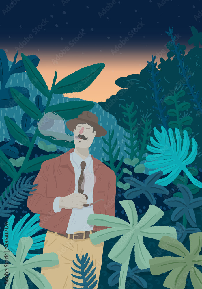 adventurer with pipe in jungle indiana jones style