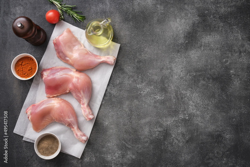 Skinless Raw chicken legs. Raw chicken legs for barbecue or soup. Fresh raw chicken legs. Top view