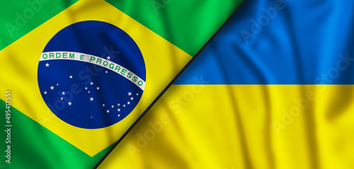 Flags of Ukraine and Brazil. Independent Ukraine. The national flag of Brazil. Europe. 3D illustration.