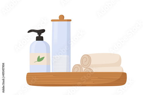 Skin care products on wooden tray. Bottles with cleansing foam, glass jar with cotton pads. Daily skincare routine and hygiene concept. Organic cosmetics products. Flat vector illustration isolated