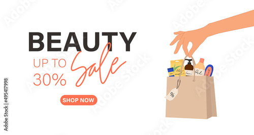 Beauty products sale banner. Female hand holds package with skincare products. Cosmetic sale template. Colorful bottles, glass jars, tubes in bag. Woman face care. Hand drawn vector illustration.
