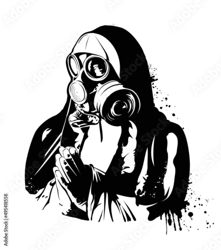 Nun in gas mask. Vector illustration. graffiti