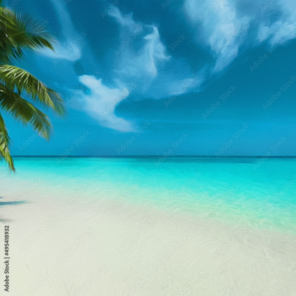 Fototapeta premium Colorful painting modern artistic artwork, drawing in oil nature landscape view, beautiful vacation travel place, textured brush strokes, design print for canvas or paper poster, touristic product