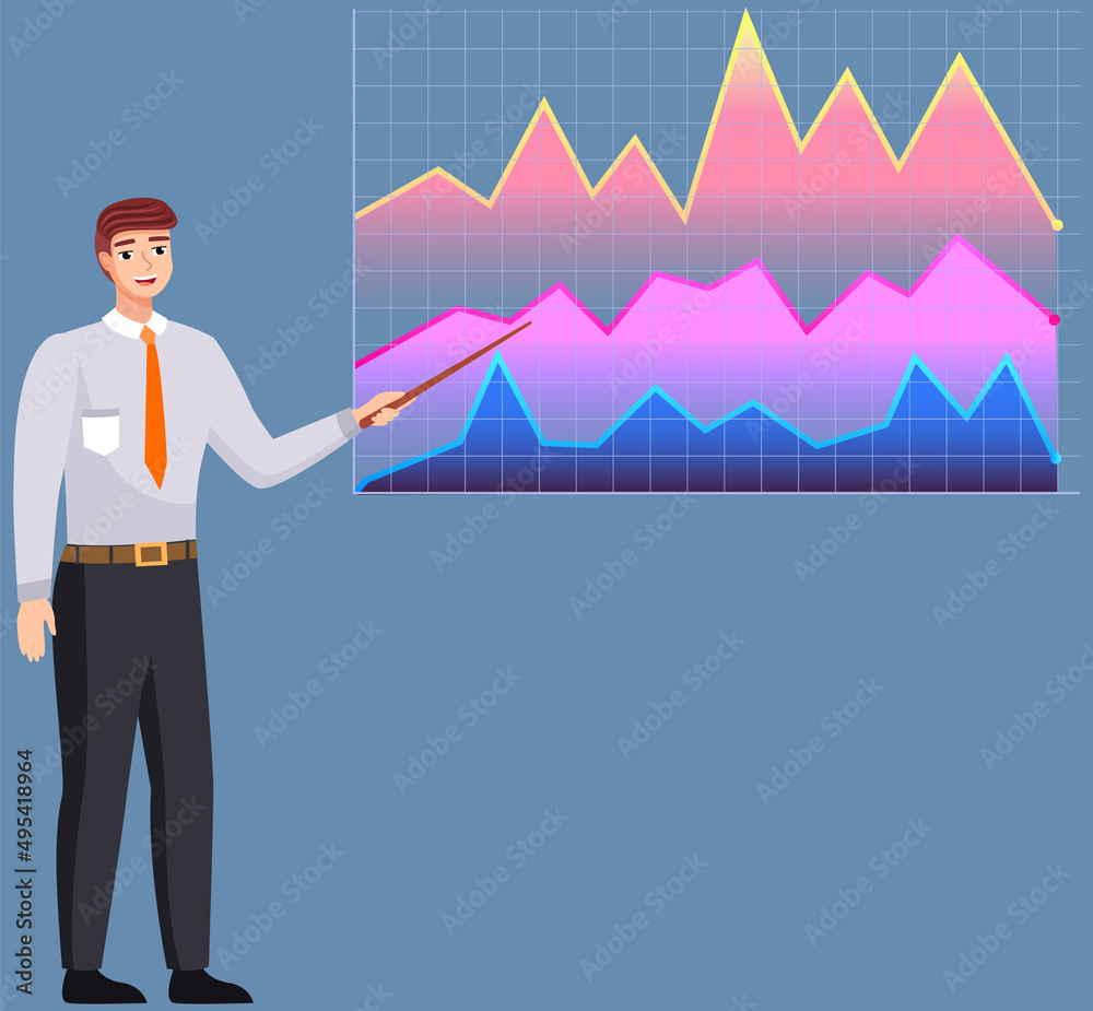 Man studies statistics on presentation. Male character working with report. Manager working and analyzing financial statistic. Male marketer examines information about metrics. Data screen with charts Man studies statistics on presentation. Male character working with report. Manager working and analyzing financial statistic. Male marketer examines information about metrics. Data screen with charts