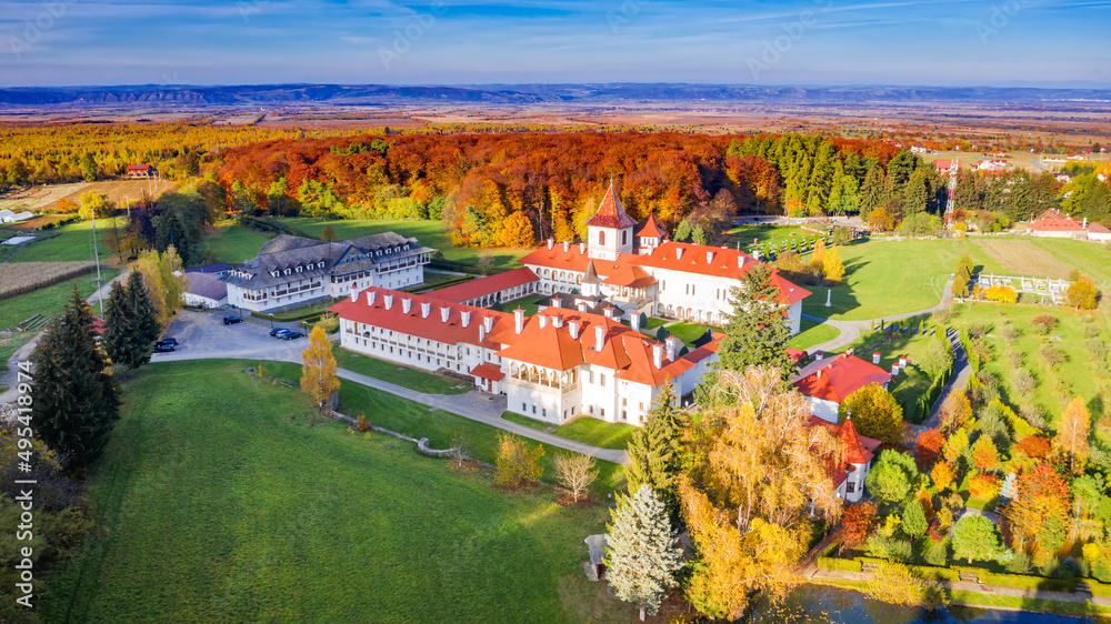 Romania, Transylvania - Aerial view of Brancoveanu Monastery, Sambata de Sus
