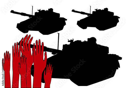 Manos sangrientas frente a tanques o carros de combate. Silueta negra de tres tanques apuntando a manos rojas sobre fondo blanco. La guerra