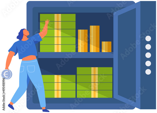Woman stands near metal bank safe with finance. Secure storage with money stacks. Work in banking, accumulation of money concept. Girl folds dollar bills and pennies in vault vector illustration