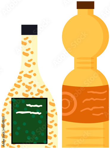 Aerated sweet drink, sparkling fruit-flavored beverage. Set of plastic bottles with lemonades, fizzy drinks. Sweet soft drink, carbonated liquid. Soda vector illustration