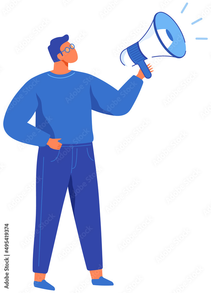 Man speaks into megaphone. Guy in glasses agitator calling for something. Male character shouts into loudspeaker to advertise. SMM, marketing strategy to attract customers. Person says advertisement Man speaks into megaphone. Guy in glasses agitator calling for something. Male character shouts into loudspeaker to advertise. SMM, marketing strategy to attract customers. Person says advertisement