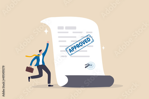 Document approved, business paperwork approval with rubber stamp and signature sign, request accept or legal certified document concept, happy businessman with document paperwork with approved stamp.