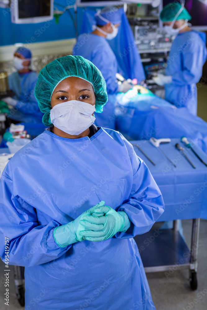 Portrait of African American female nurse surgery room