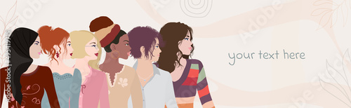 Side group of multicultural and multiethnic women. Female community of social network. Racial equality. Colleagues or co-workers. Teamwork. Allyship. Empowerment. Poster Banner copy space