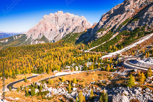 Passo Valparola, Italy - Autumn landscape in Dolomites Alps, South Tyrol photo