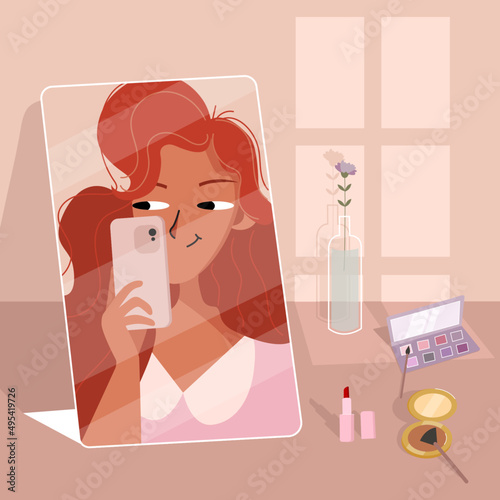 Beauty blogger vector illustration. A cute young lady does makeup in front of a mirror.