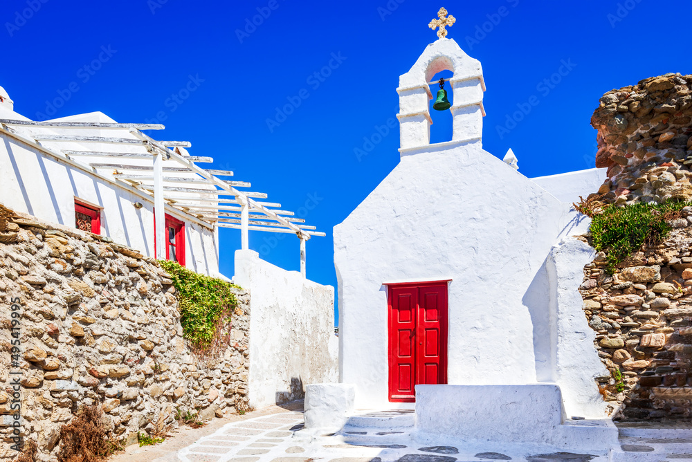 Mykonos, Greece - Whitewashed small church in Greek Islands