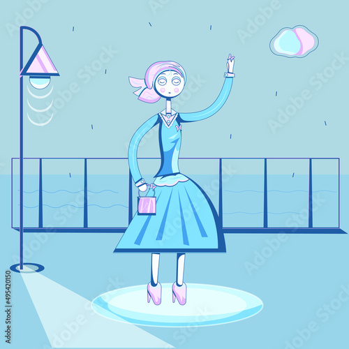 Vector modern colorful girl, young woman, female  walking on embankment, seafront on rainy, dull, murky, overcast day. Background includes street lantern, clouds, rain drops, waves, railing, butterfly
