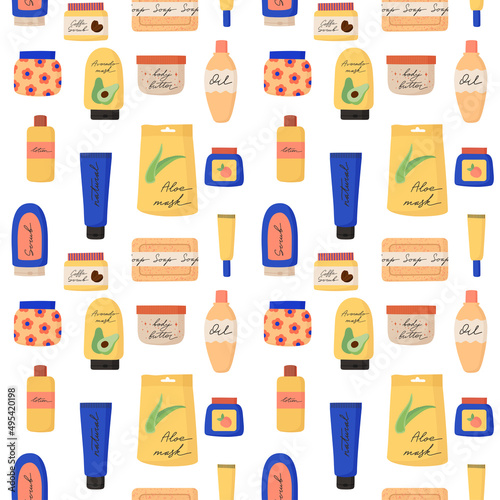 Skin care products cartoon. Seamless pattern with Colorful bottles  glass jars  tubes. Cosmetics collection. Woman skincare. Natural face care product. Vector illustration isolated on white background