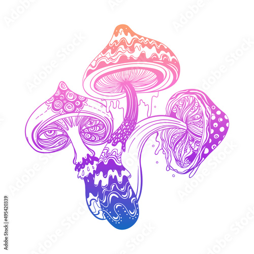 Magic mushrooms. Psychedelic hallucination. Gradient colorful vector illustration isolated on white. 60s trippy hippie art.