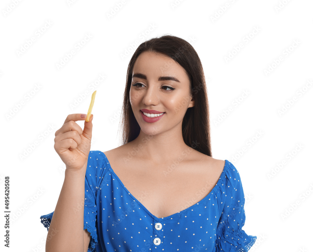 Beautiful young woman with French fries on white background Beautiful young woman with French fries on white background