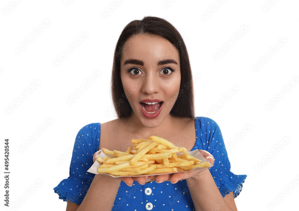 Excited young woman with French fries on white background Excited young woman with French fries on white background