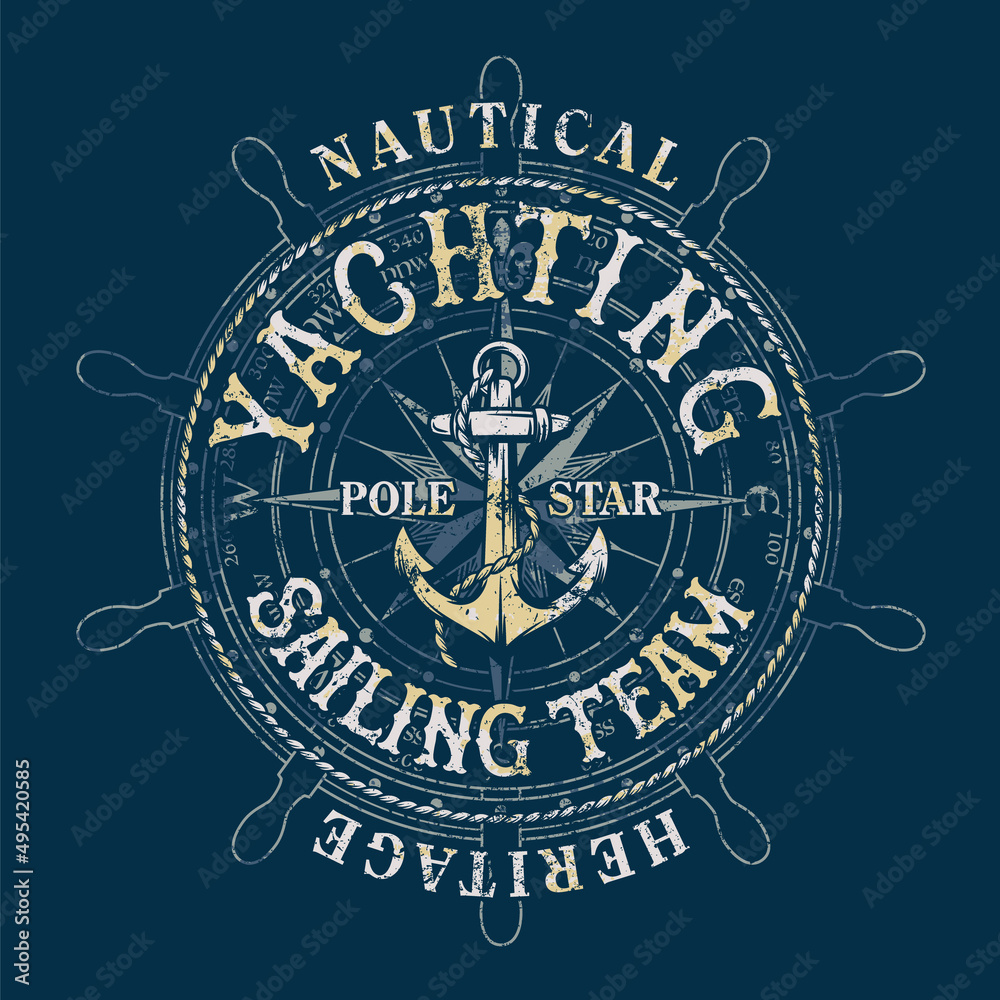 Nautical sailing team anchor and wind rose background vintage print for boy t shirt grunge effect in separate layers