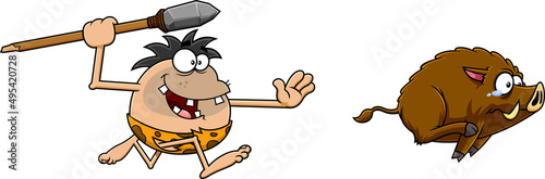 Hungry Caveman Hungry Caveman Hunting With A Spear Wild Boar Cartoon Characters Vector. Hand Drawn Illustration Isolated On White Background