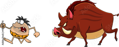 Scared Caveman  Escape From Angry Giant Wild Boar Cartoon Characters. Vector Hand Drawn Illustration Isolated On White Background