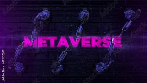 Metaverse concept. Automated Robot Arm Assembly Line Metaverse text title. photo