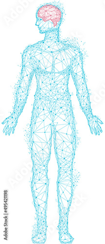 Polygonal human body with highlighted brain. Brain disease, headache, migraine treatment. Medical research of internal organs, innovative approach concept. Organ of human central nervous system