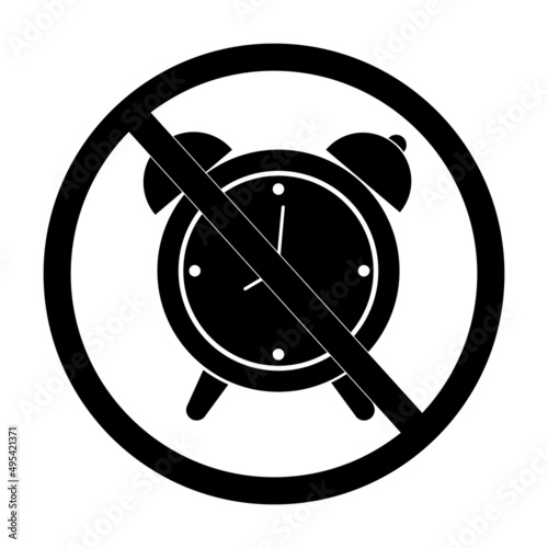 a crossed-out alarm clock, a forbidding sign. Prohibition on the use of an alarm clock. black pattern isolated on a white background