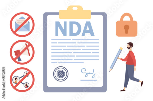NDA icon set. Non disclosure Agreement document with signature and stamp. Tiny man signs privacy document. Business confidentiality paper with agreement to contract. Vector flat illustration